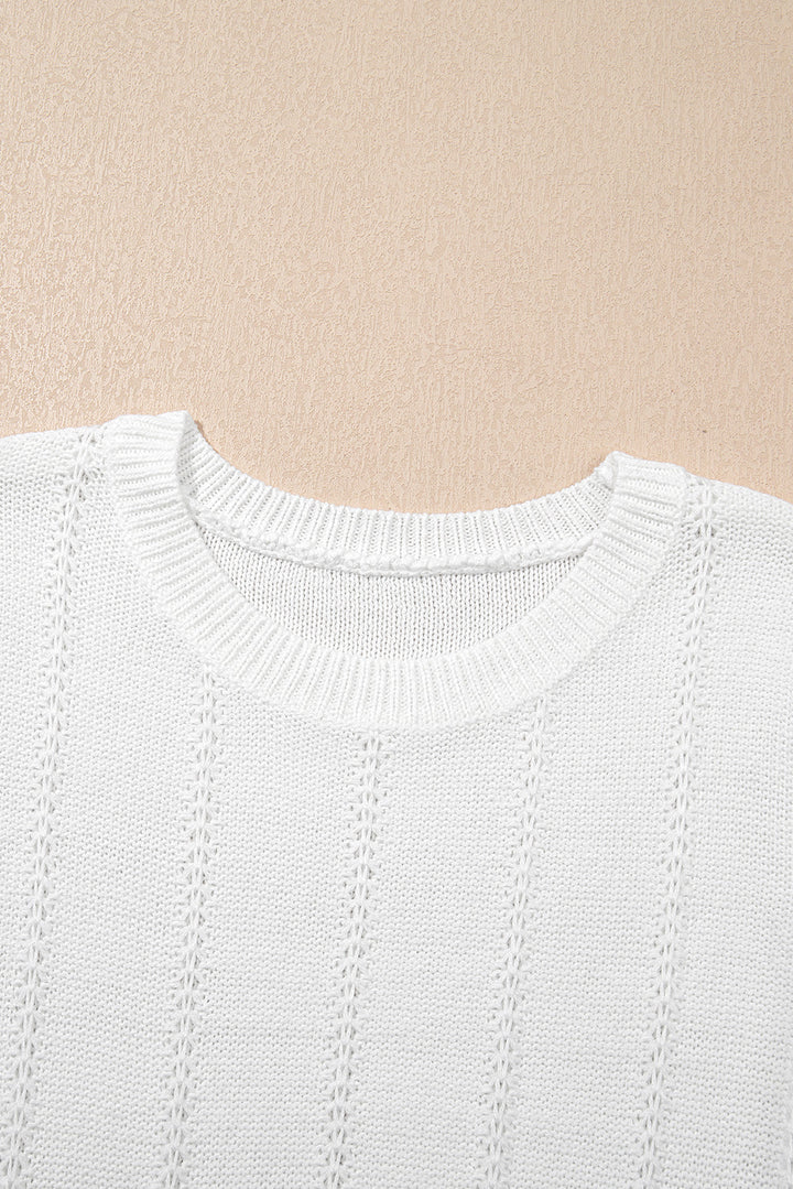 Pointelle Knit Short Puff Sleeve Crewneck Sweater