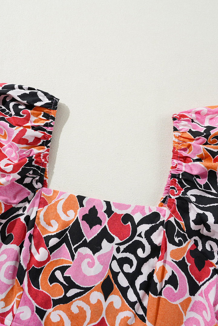 Bohemian Square Neck Puff Sleeve Mini Dress