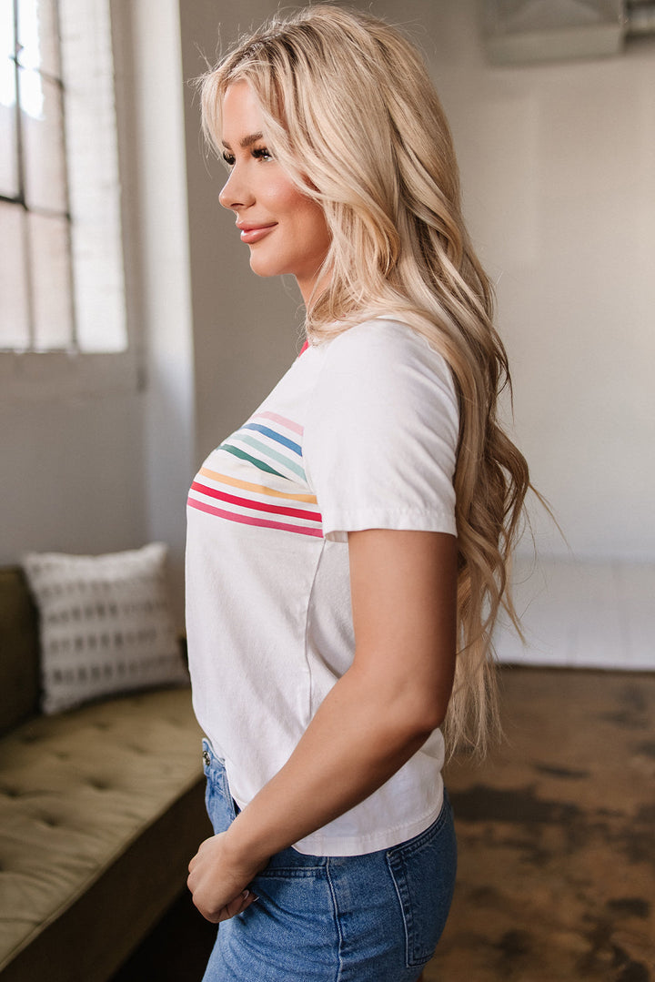 Rainbow Stripe Print Contrast Crewneck T Shirt