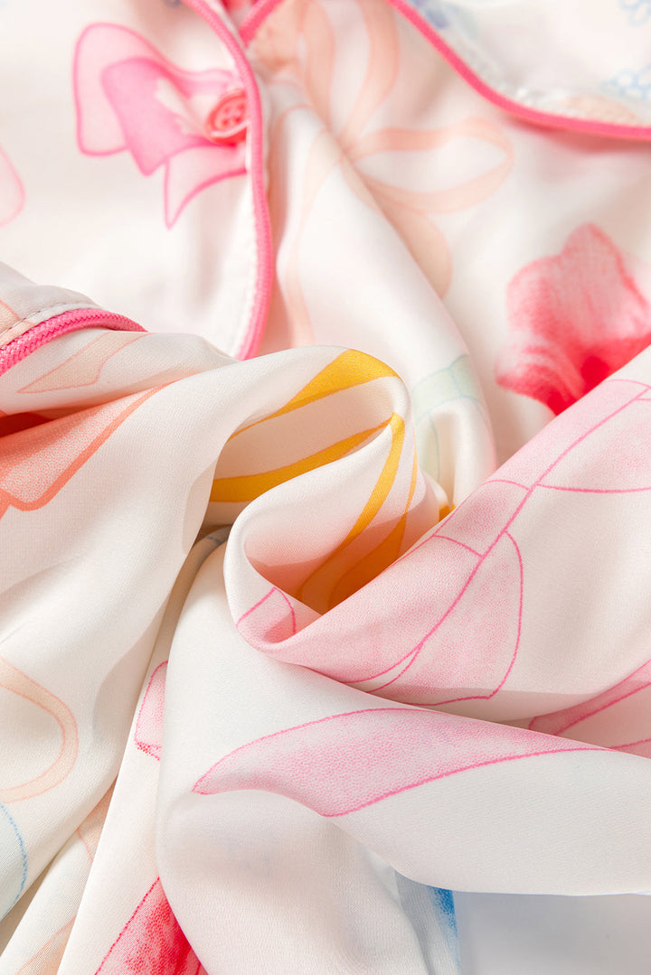 bow knot print lapel collar wide leg satin pajama set