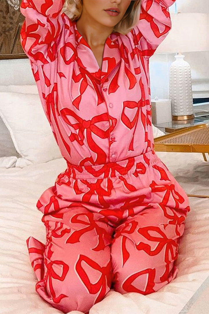 2pcs bow print shirt style long sleeve pajama set