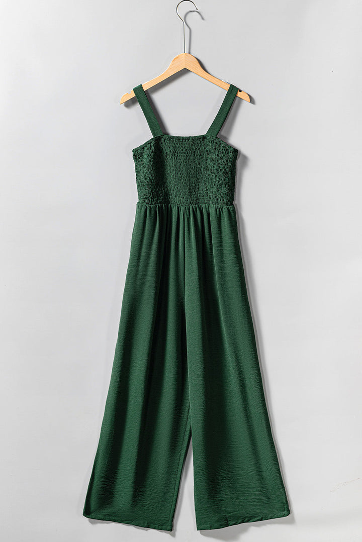 Smocked Sleeveless Wide Leg Jumpsuit with Pockets