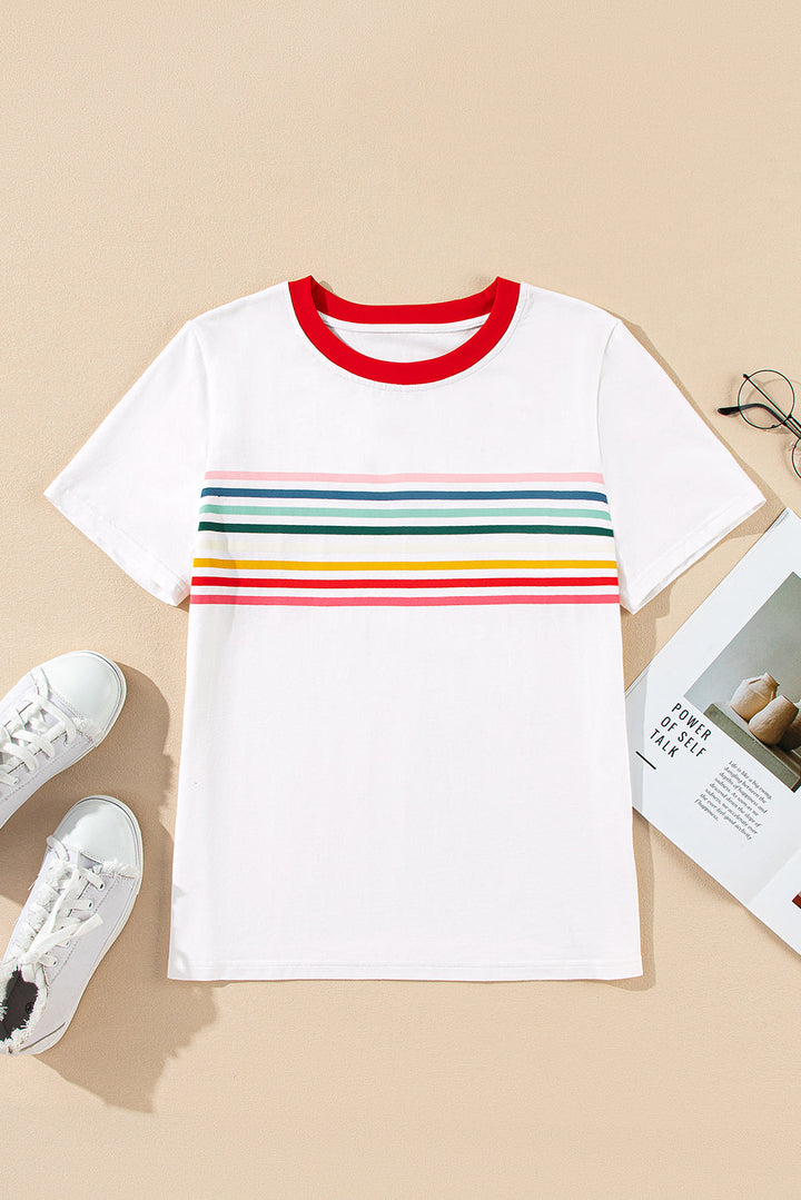 Rainbow Stripe Print Contrast Crewneck T Shirt