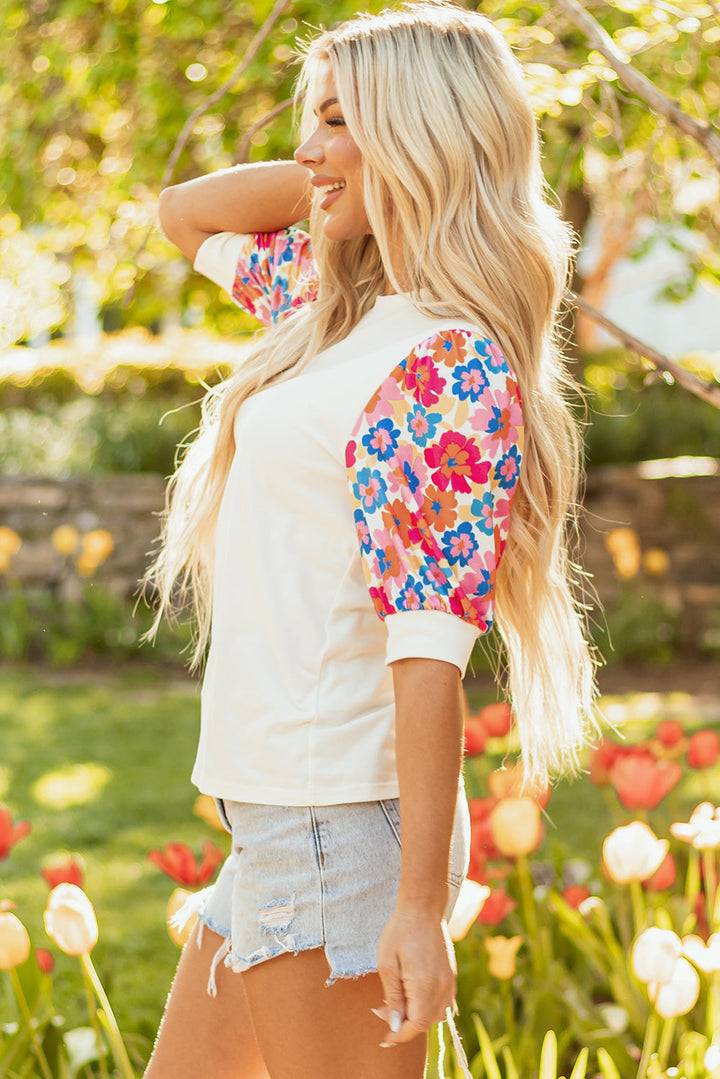 floral puff sleeve patchwork round neck top