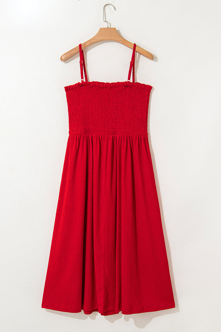 textured shirred ruffled trim spaghetti strap midi dress