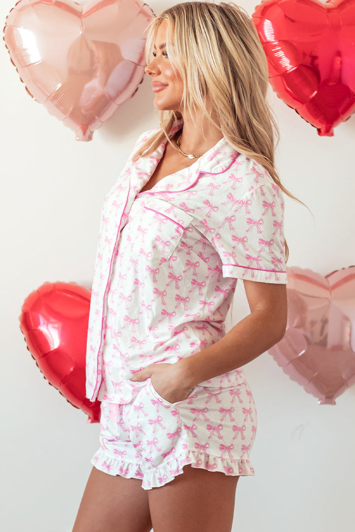 bowknot printed short sleeve and ruffled shorts pajama set