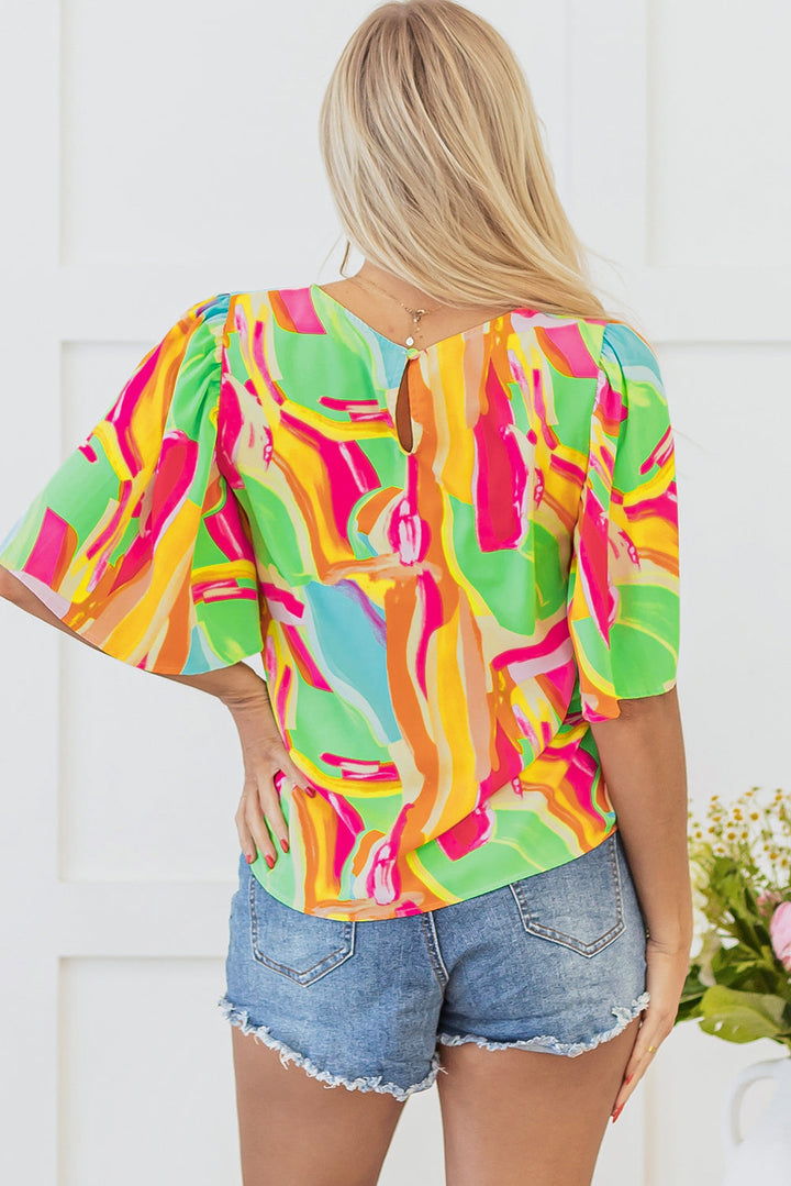 Abstract Print Keyhole Back Pleated Half Sleeve Blouse