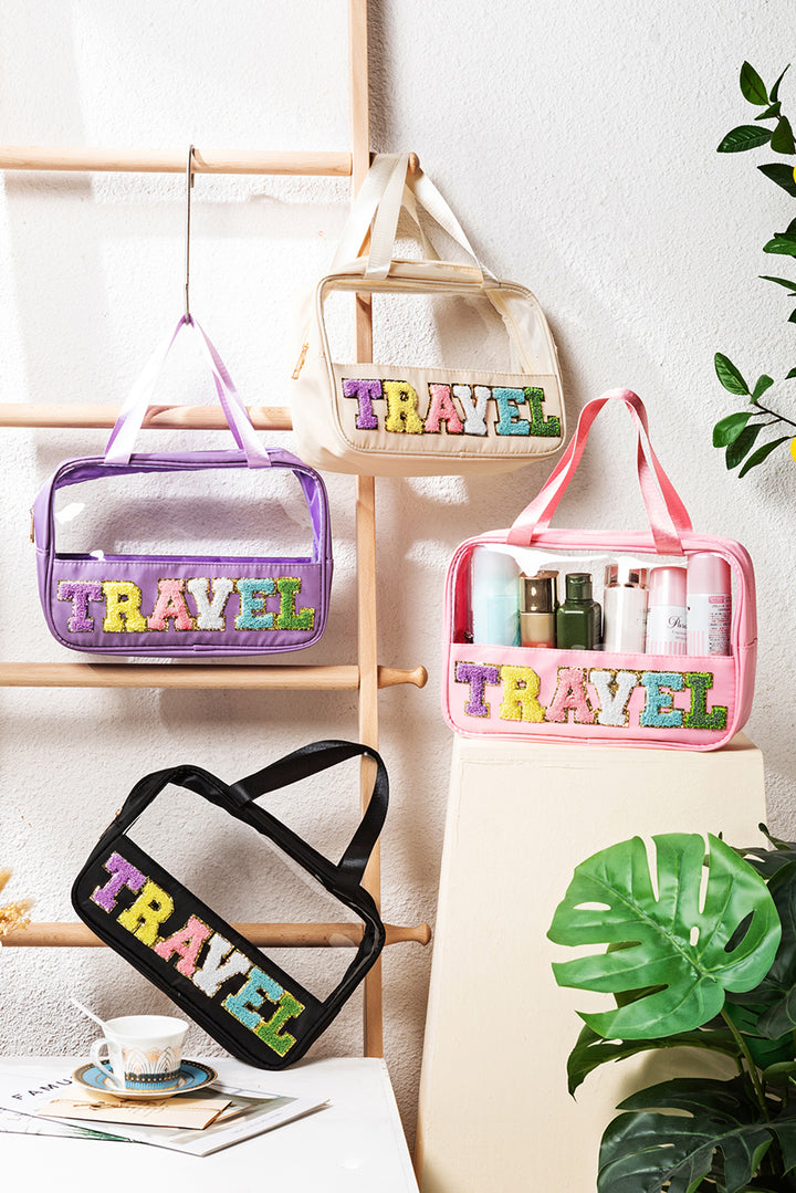 Trousse de maquillage TRAVEL en PVC transparent avec lettres en chenille