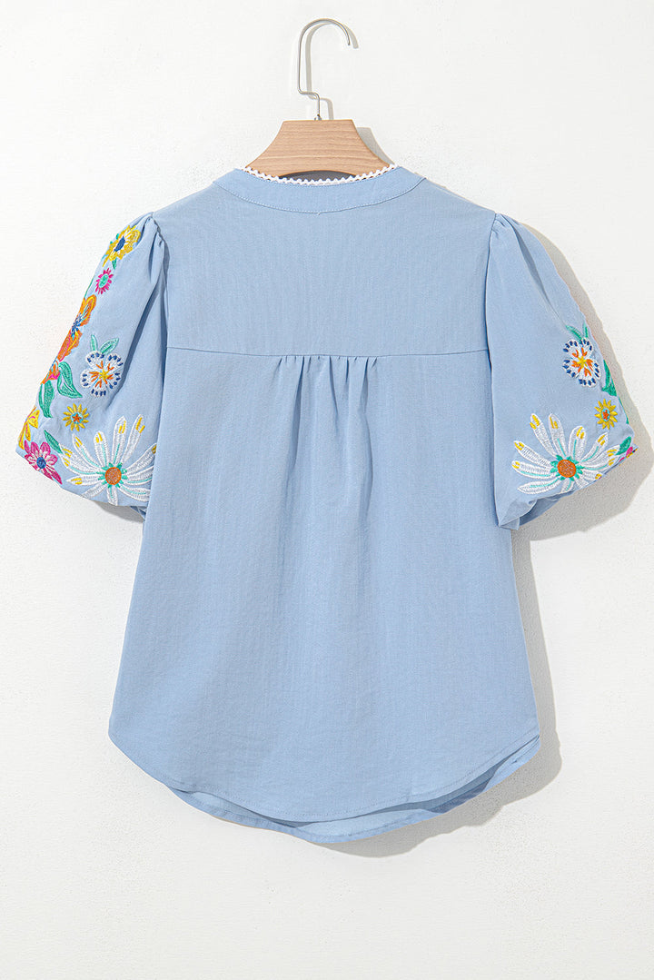 floral embroidered puff sleeve split neck blouse