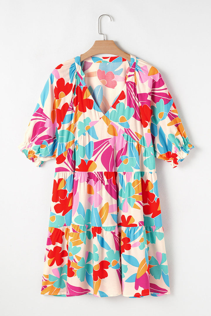 Floral Bubble Sleeve V Neck Tiered Ruffle Babydoll Dress
