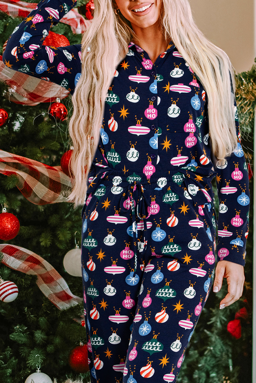 colorful christmas lights print shirt and pants pajama set