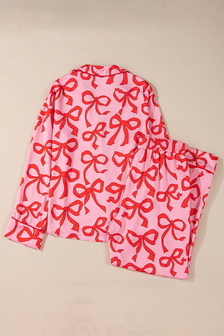 2pcs bow print shirt style long sleeve pajama set