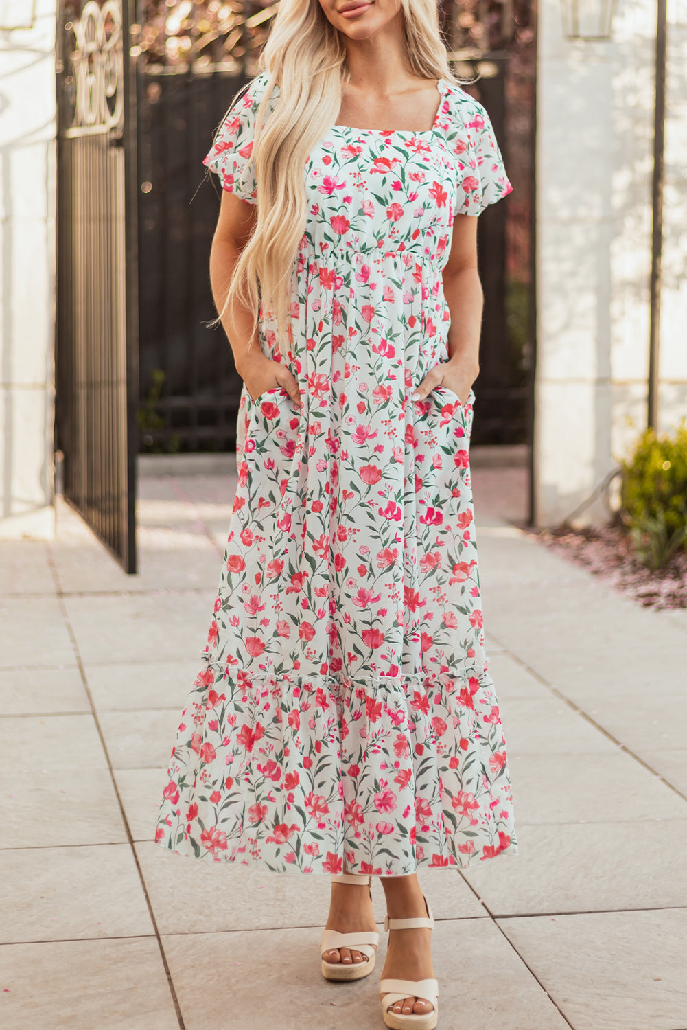 Floral Short Sleeved Empire Line Maxi Dress