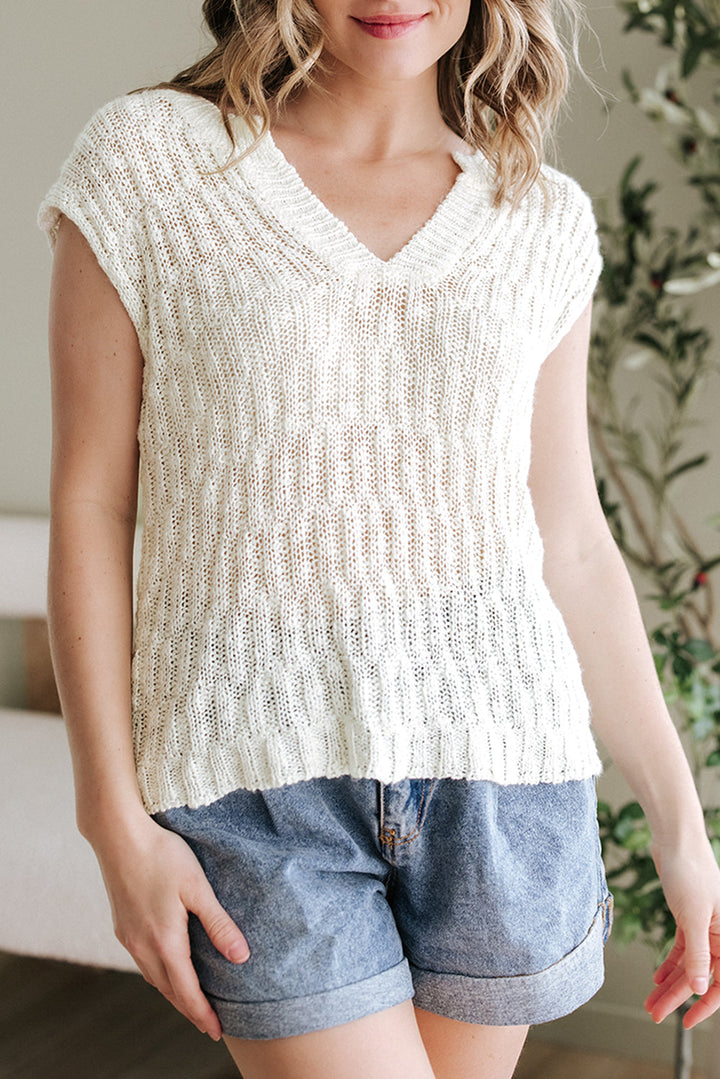 Notched V Neck Short Sleeve Sweater