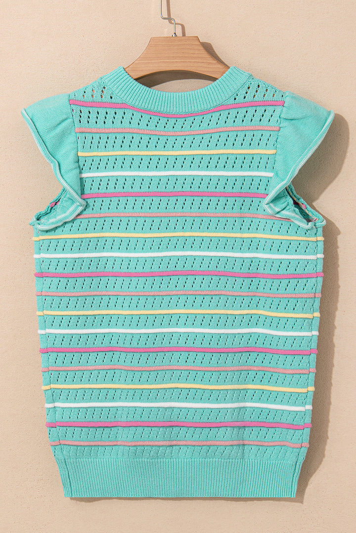 Colorful Striped Eyelet Knit Ruffled Sleeve Sweater T Shirt