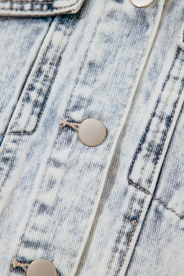 light wash buttoned chest pocket puff sleeve denim jacket
