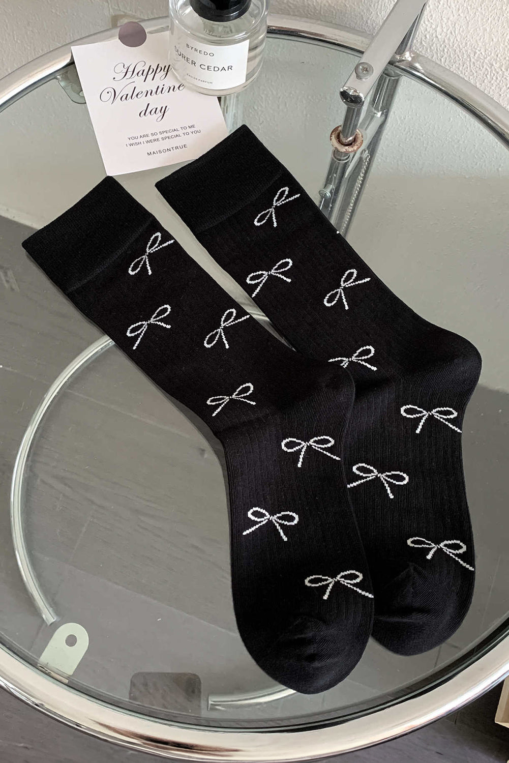 Bow Knot Print Ribbed Crew Socks