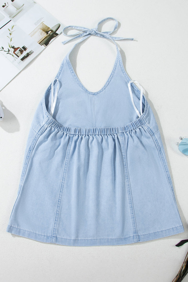 Knotted Open Back Halterneck Denim Tank Top