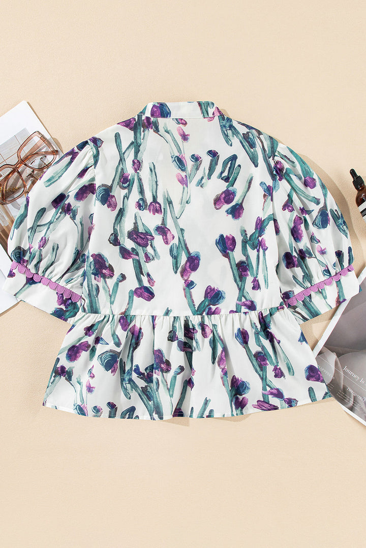 Floral Ricrac Trim Half Sleeve Peplum Top