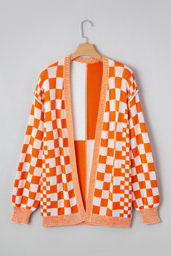 Checkered Open Front Drop Shoulder Cardigan