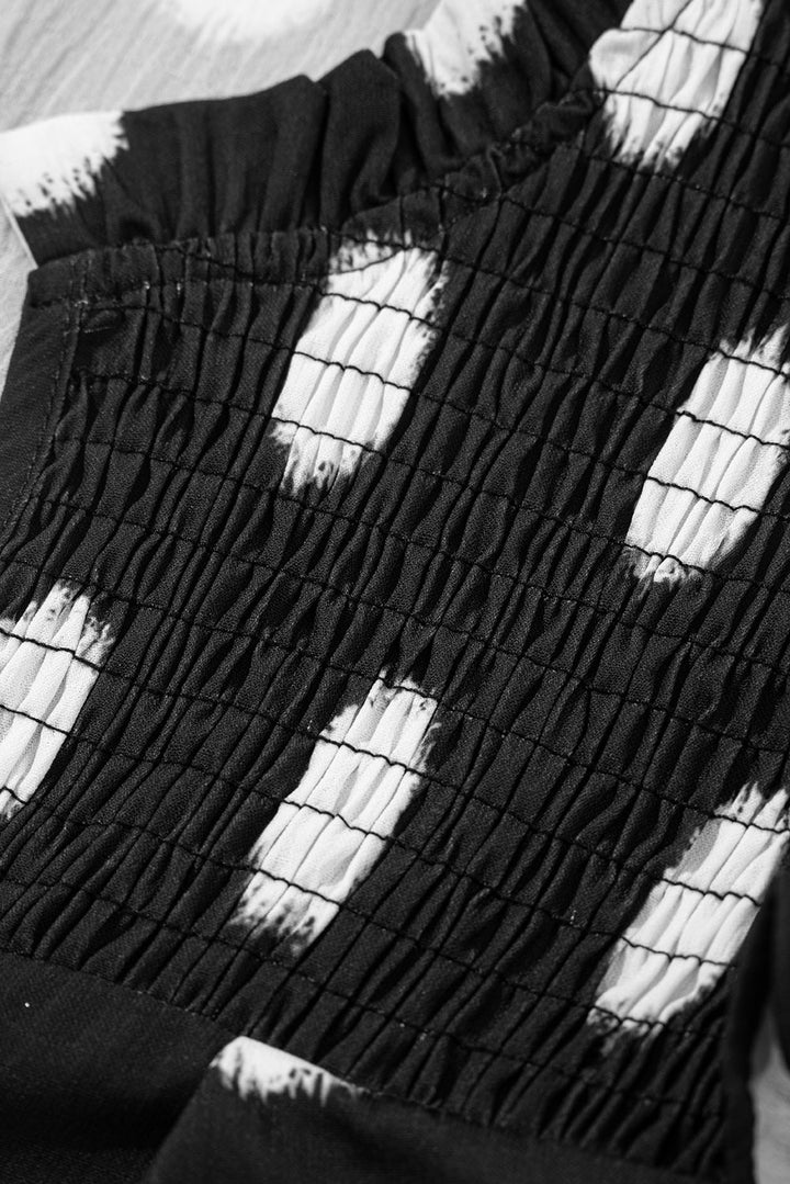 Polka Dot Print Shirred Yoke Notched Neck Balloon Sleeve Blouse