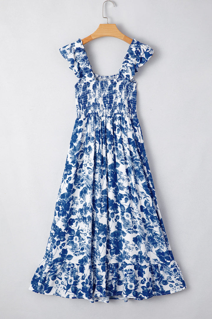 floral ruffle strap square neck smocked bodice midi dress