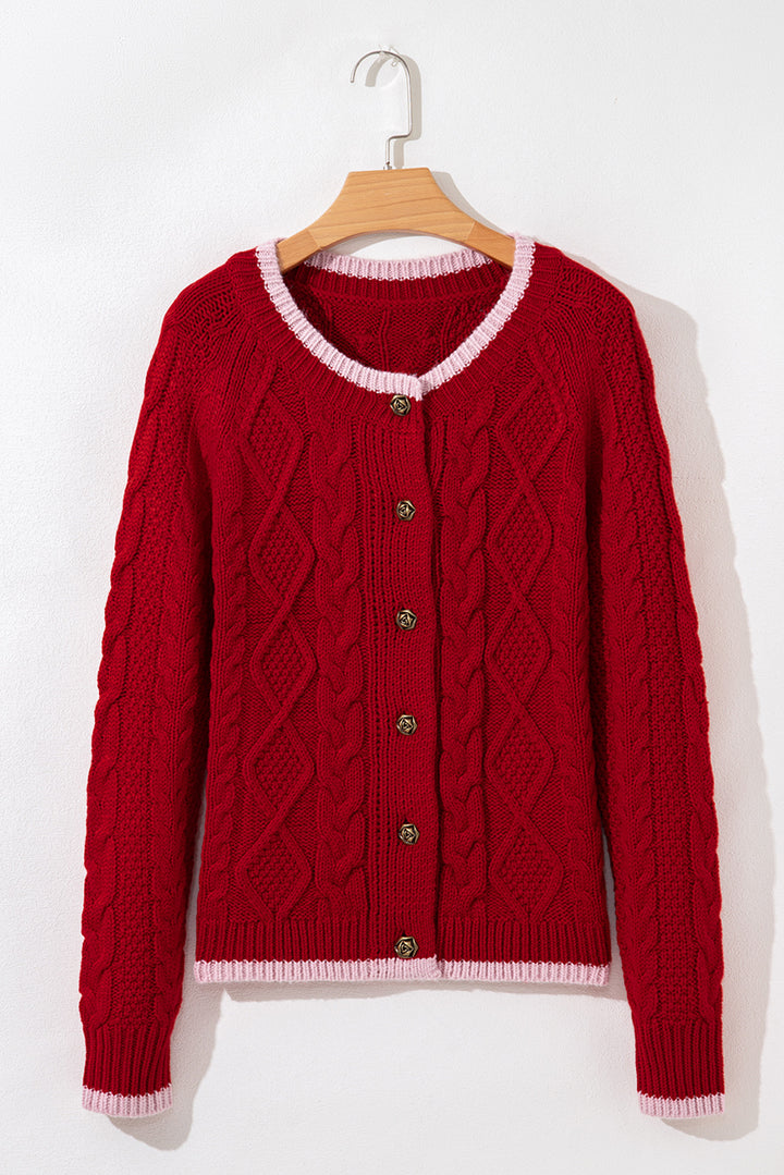 Color Contrast Edge Cable Knit Buttoned Cardigan