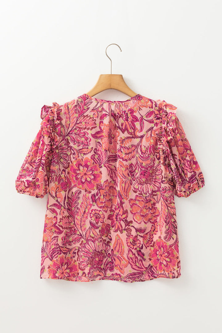 floral print ruffled puff short sleeve blouse