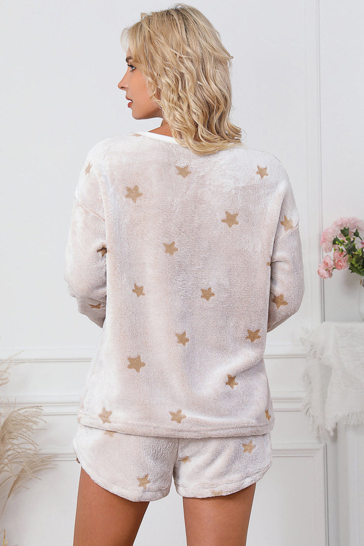 plush star pattern long sleeve pullover and shorts lounge set