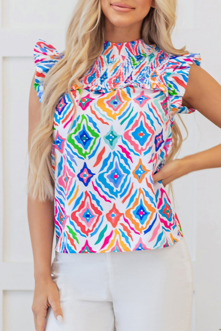 Geometric Printed Flutter Sleeve Mock Neck Shirred Blouse