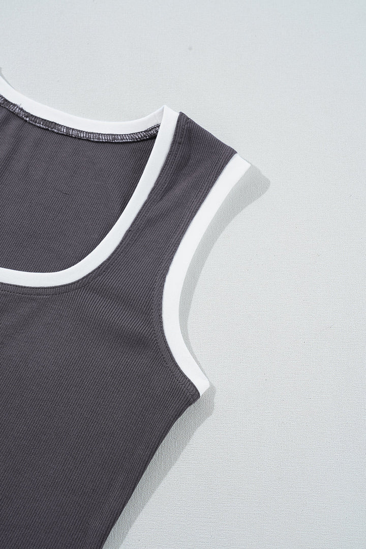 Ribbed Knit Colorblock Edge U Neck Slim Fit Tank Top