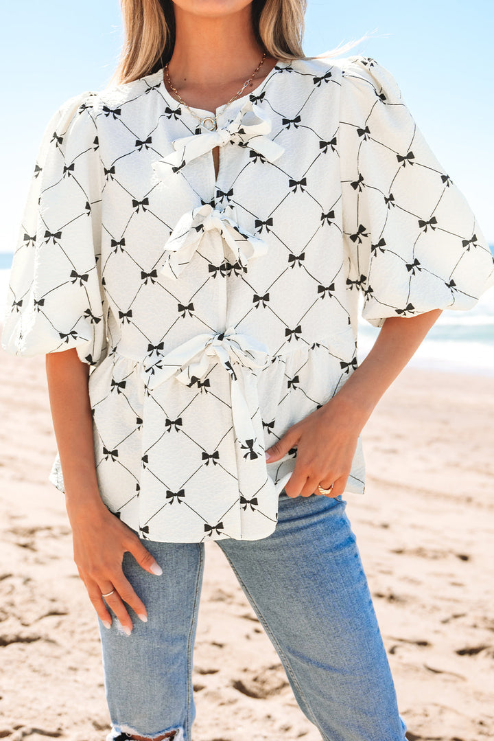 Bowknot Print Front Knots Bubble Sleeve Blouse