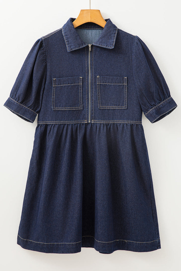 Zipped up Bodice Collared Short Puff Sleeve Denim Dress