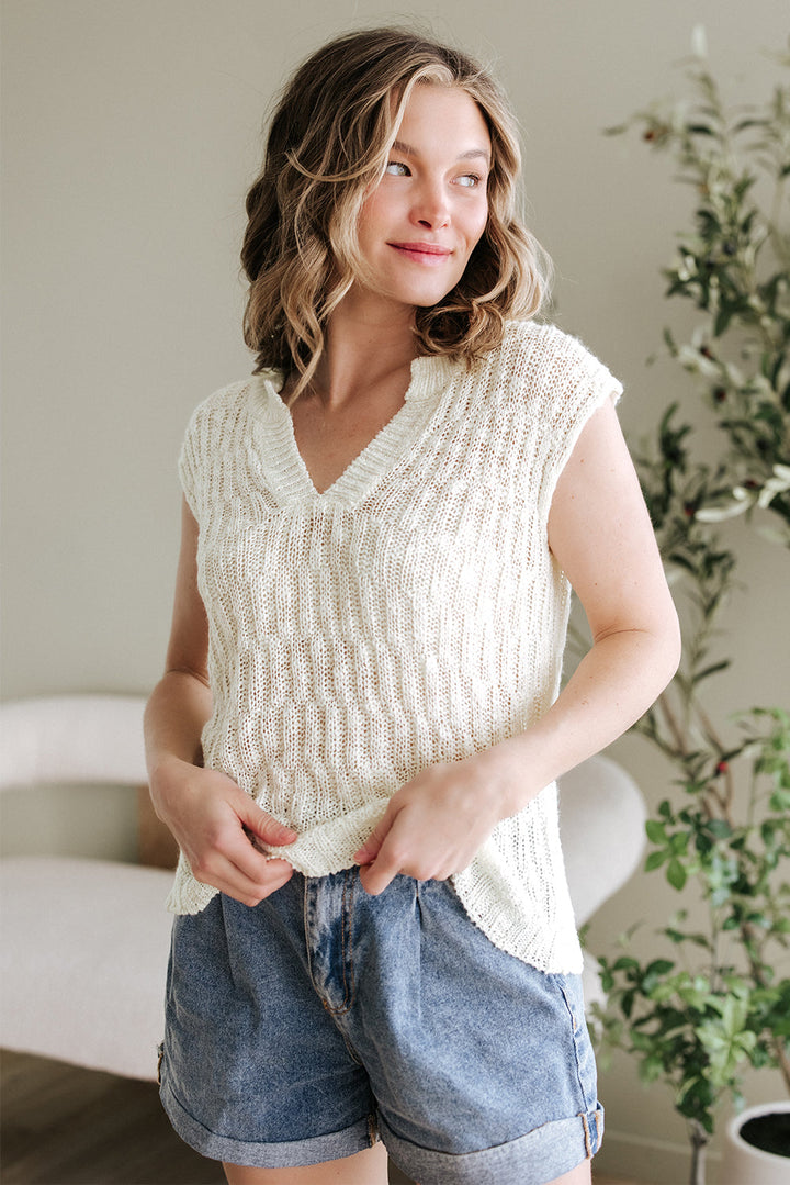 Notched V Neck Short Sleeve Sweater