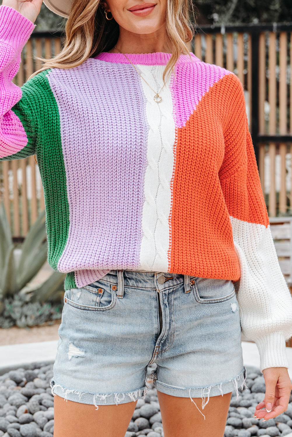 Color Block Textured Knit Drop Shoulder Loose Fit Sweater