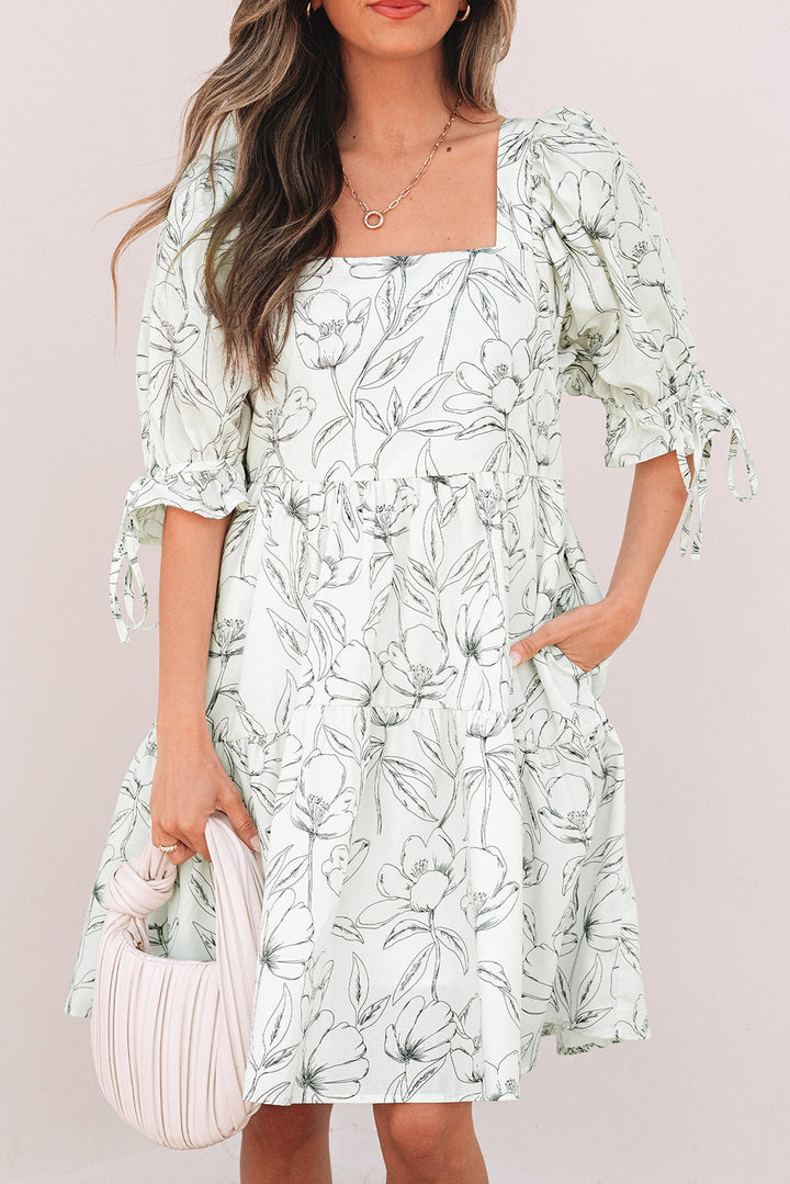 Floral Print Square Neck Shirred Back Puff Sleeve Mini Dress