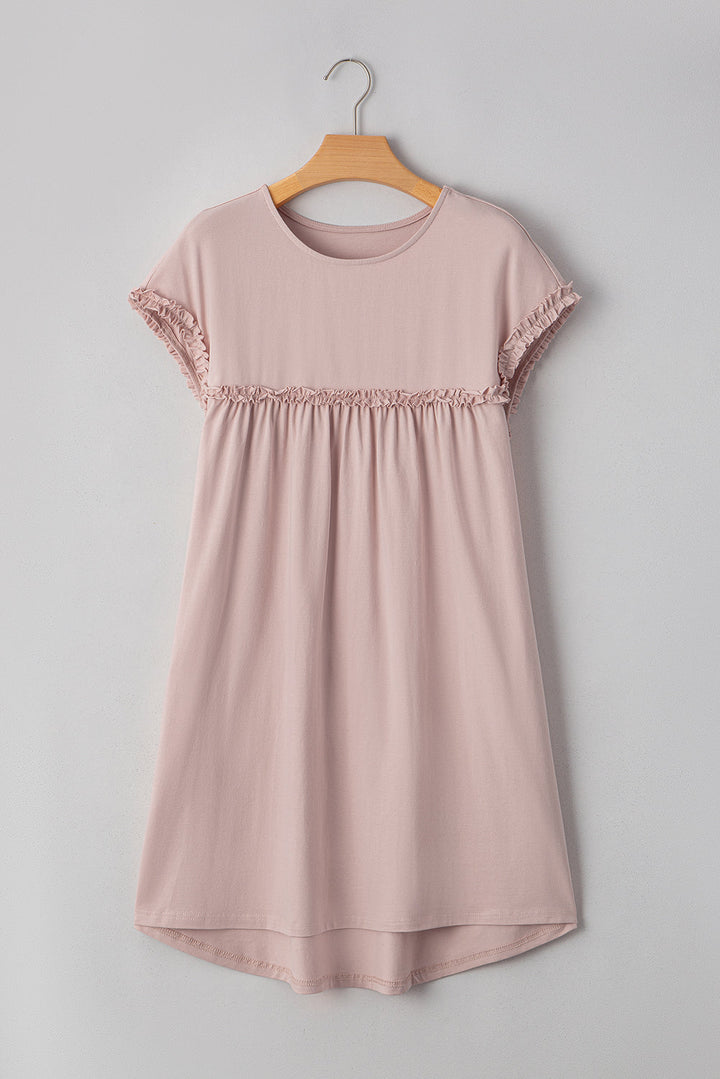 Frilled Trim Crew Neck Loose Fit Mini Dress