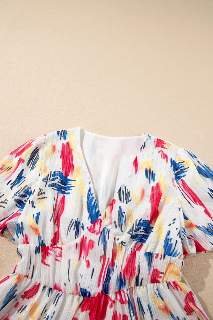 Abstract Print Short Puff Sleeve Tiered Maxi Dress