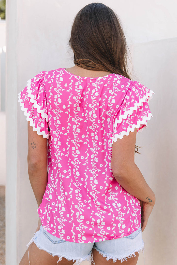 Floral Print Ric-rac Tiered Ruffled V Neck Blouse