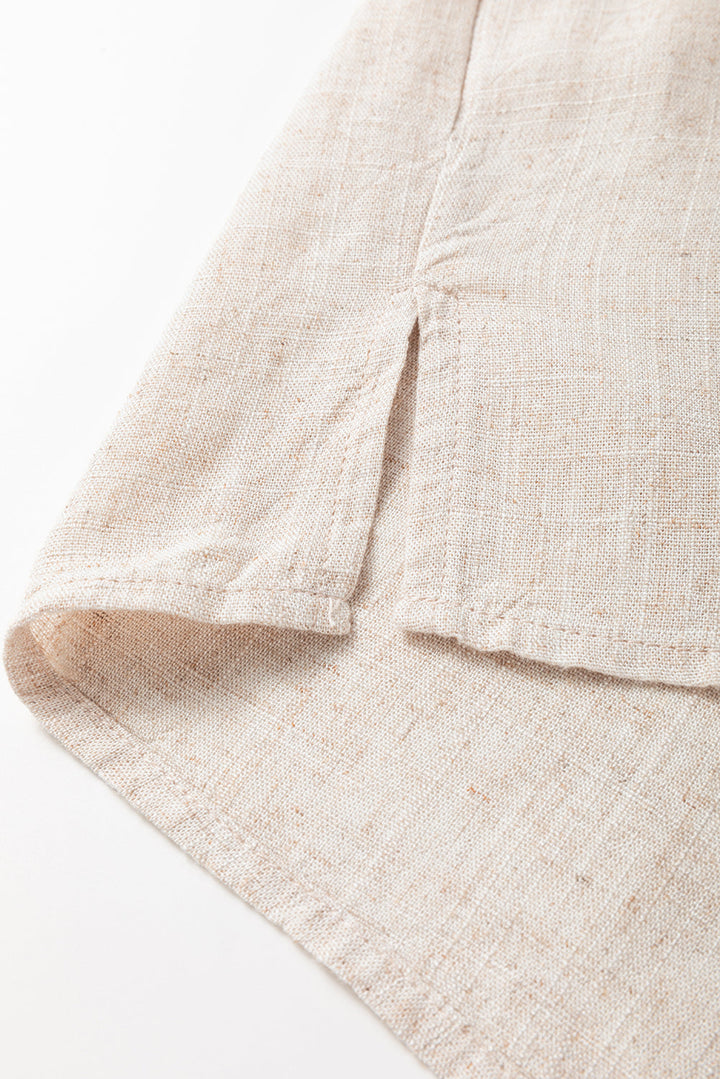 Geometric Embroidered Short Sleeve Tassel Tied V Neck Blouse