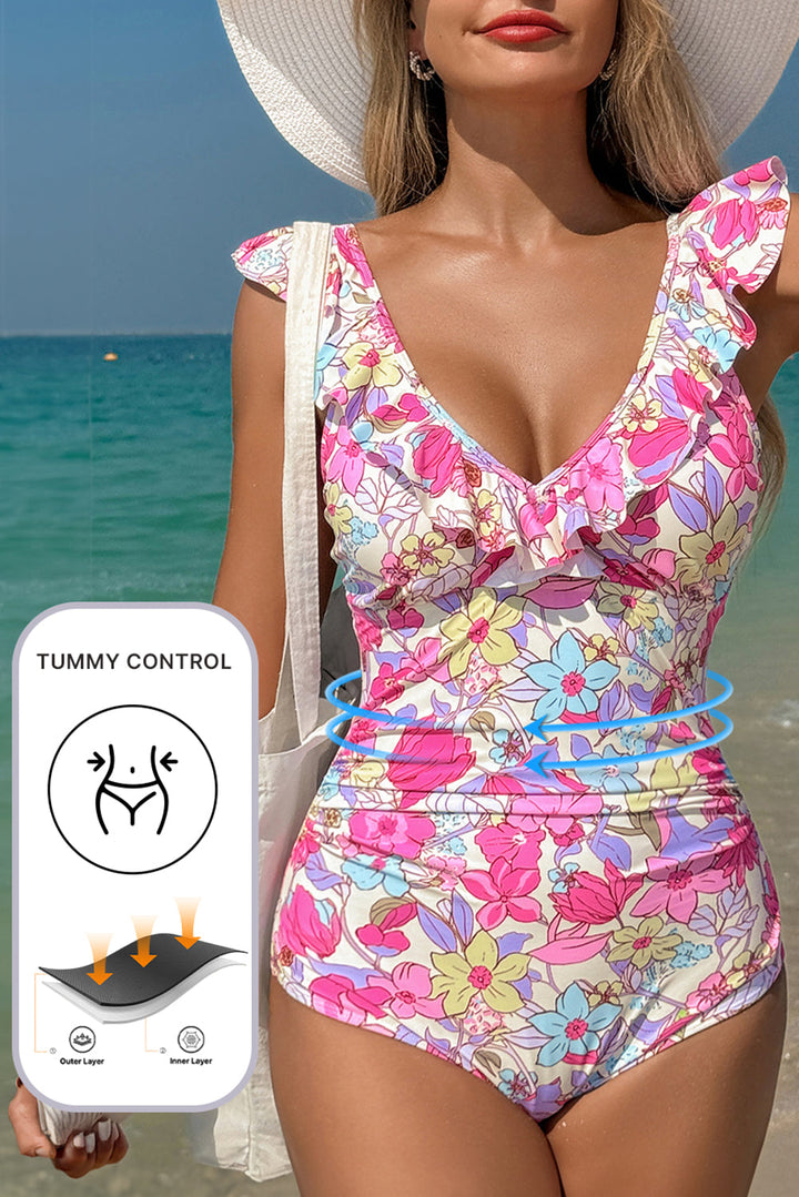 floral ruffle trim v neck lace up back tummy control one piece swimsuit