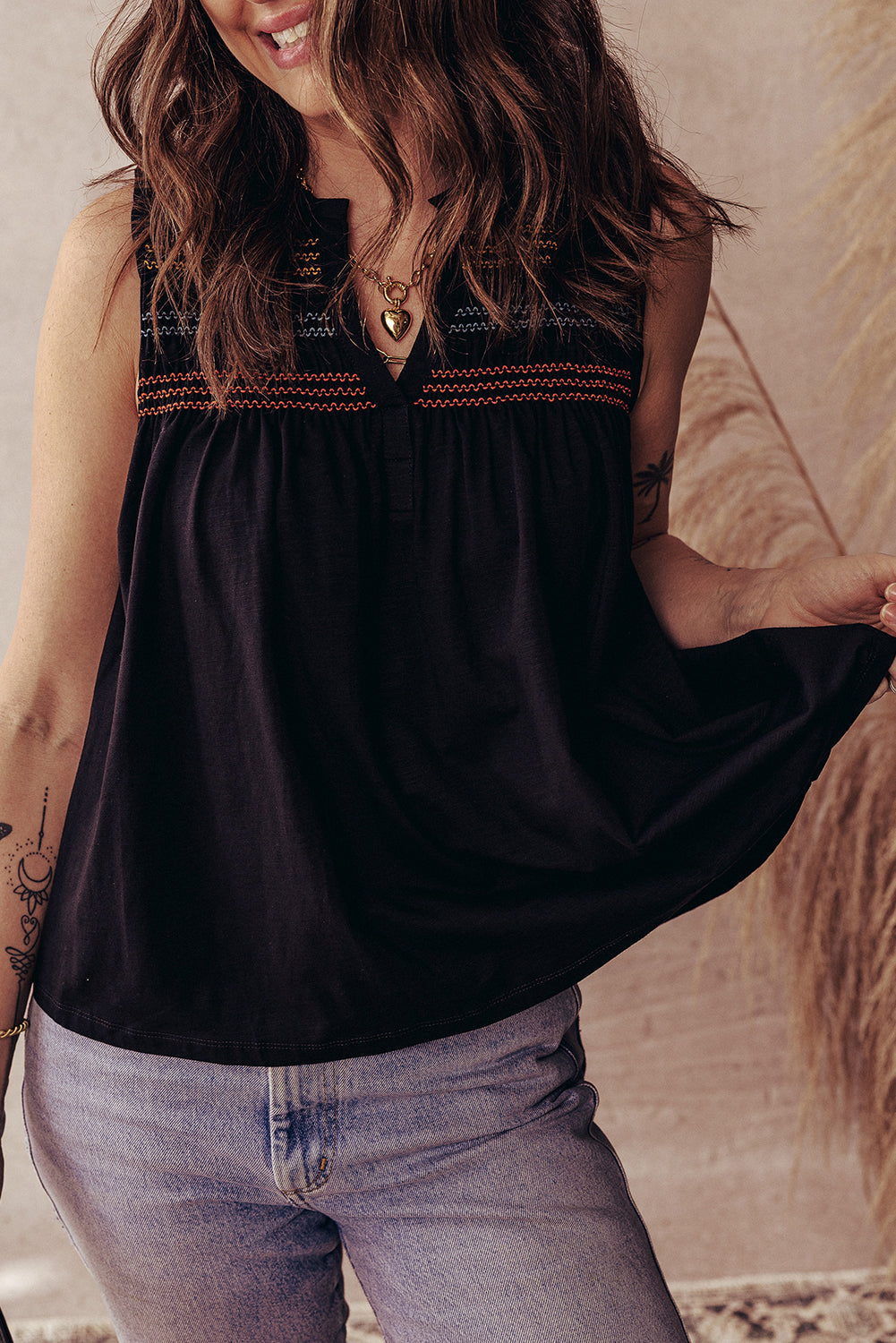 colorful shirred yoke notched v neck tank top