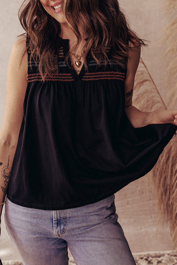 colorful shirred yoke notched v neck tank top