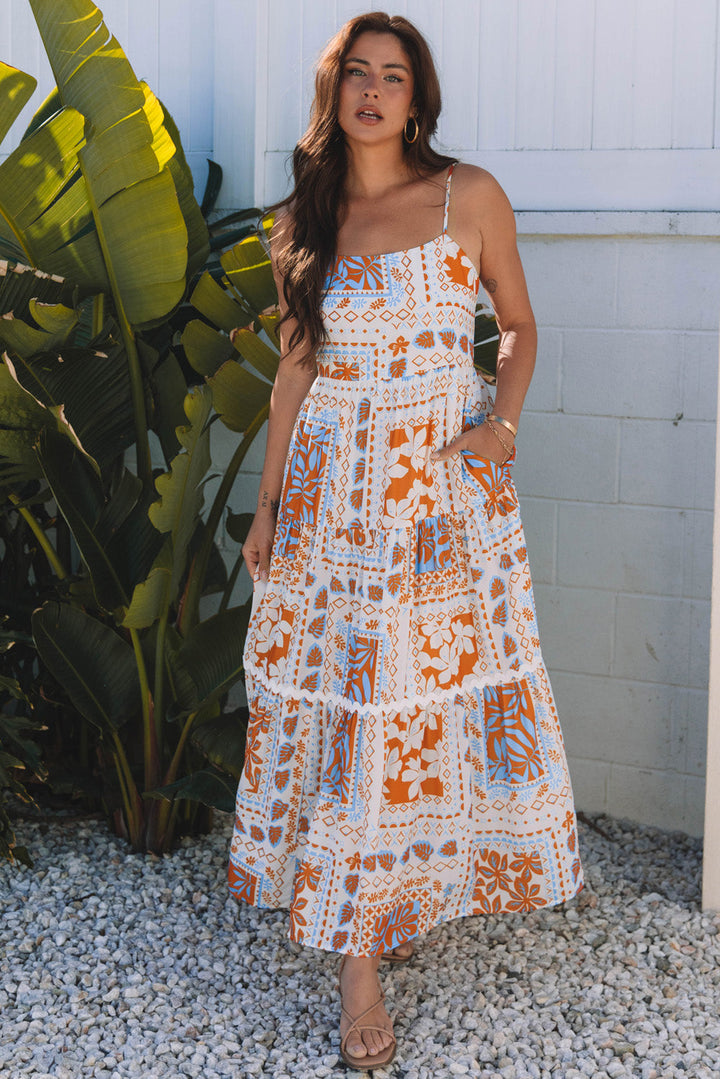 Multi Printed Ricrac Trim Spaghetti Straps Maxi Dress