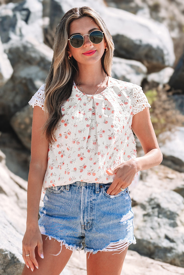 Floral Print Embroidery Detail Crochet Cap Sleeve Blouse