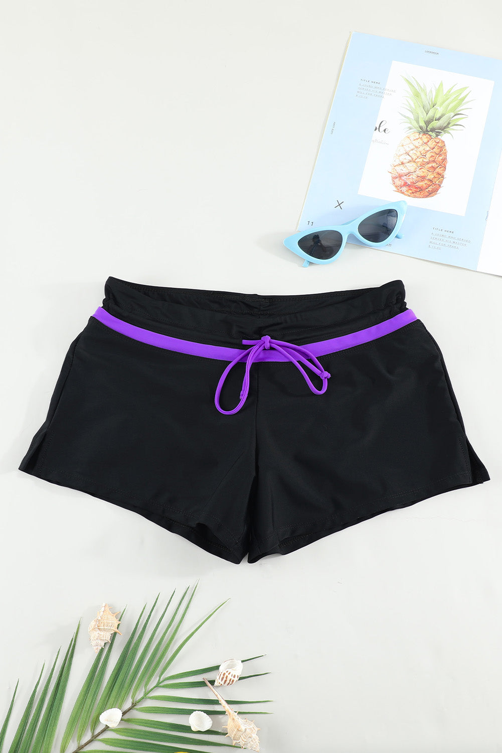 violet strap trim black women swim boardshort