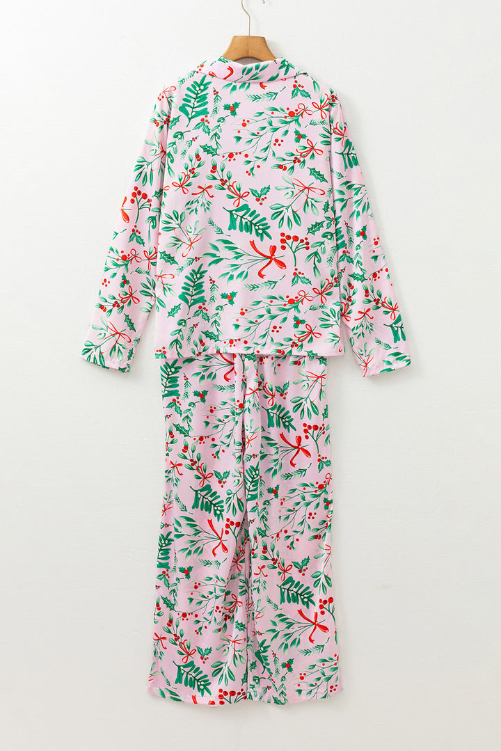 christmas berries plant print satin long sleeve pajama set