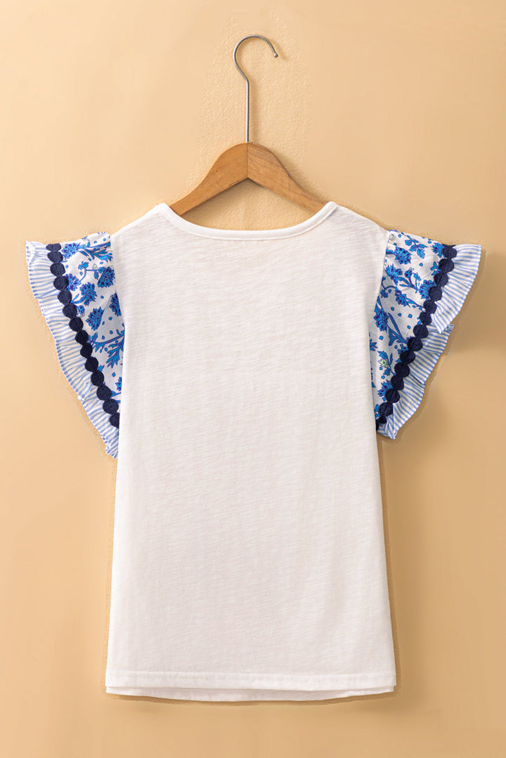 Ricrac Trim Printed Flutter Sleeve Contrast Patchwork Blouse