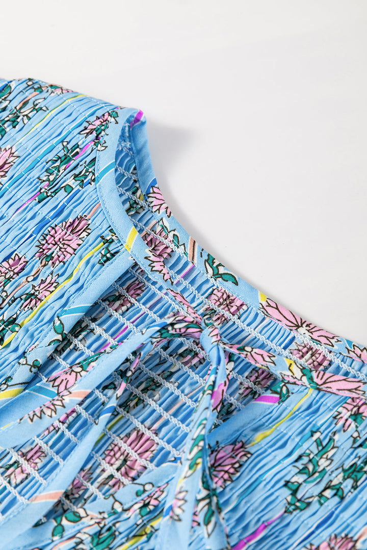 Floral Striped Print Shirred Yoke Split Neck Blouse