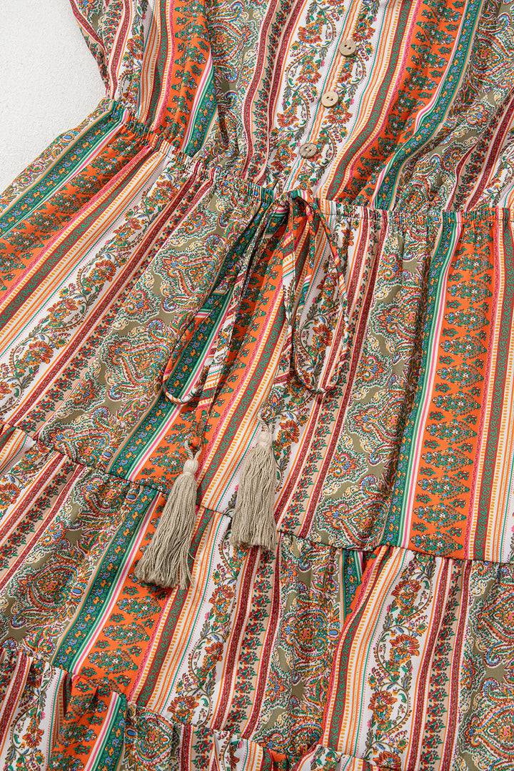 bohemian floral print buttoned v neck ruffle tiered dress